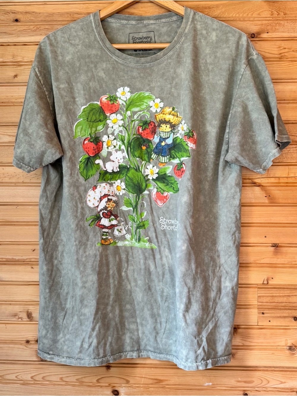 Strawberry Shortcake Graphic Tee Olive Green Distressed Large Nostalgia Grunge